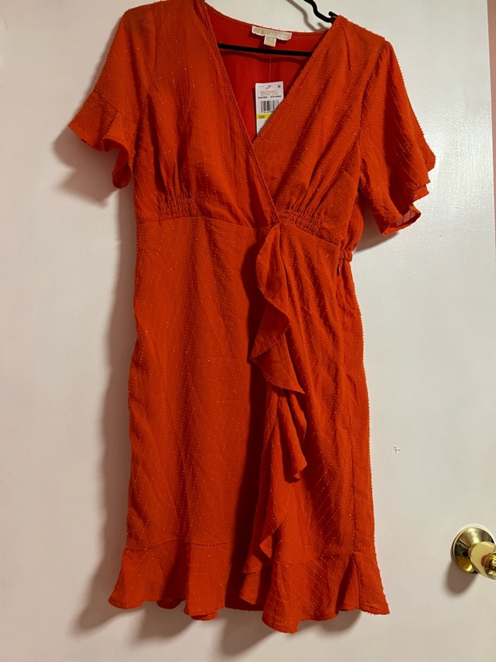 Michael Kors Orange Wrap Midi Dress with Ruffle Detail Sz M